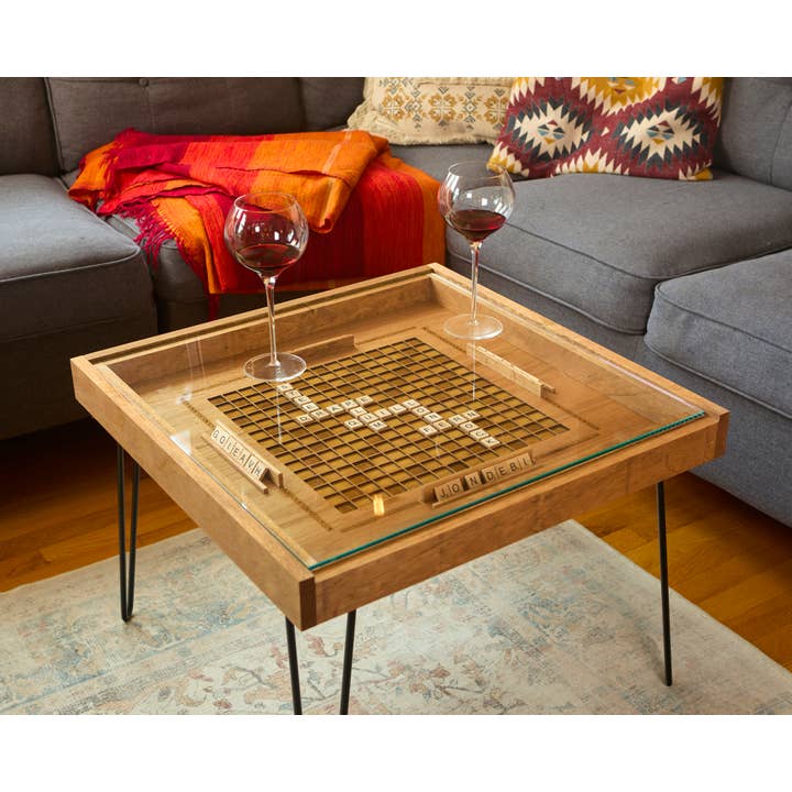 Rustic Scrabble Coffee Table with removable top - letter tiles included for wholesale by Charles River Woodworks