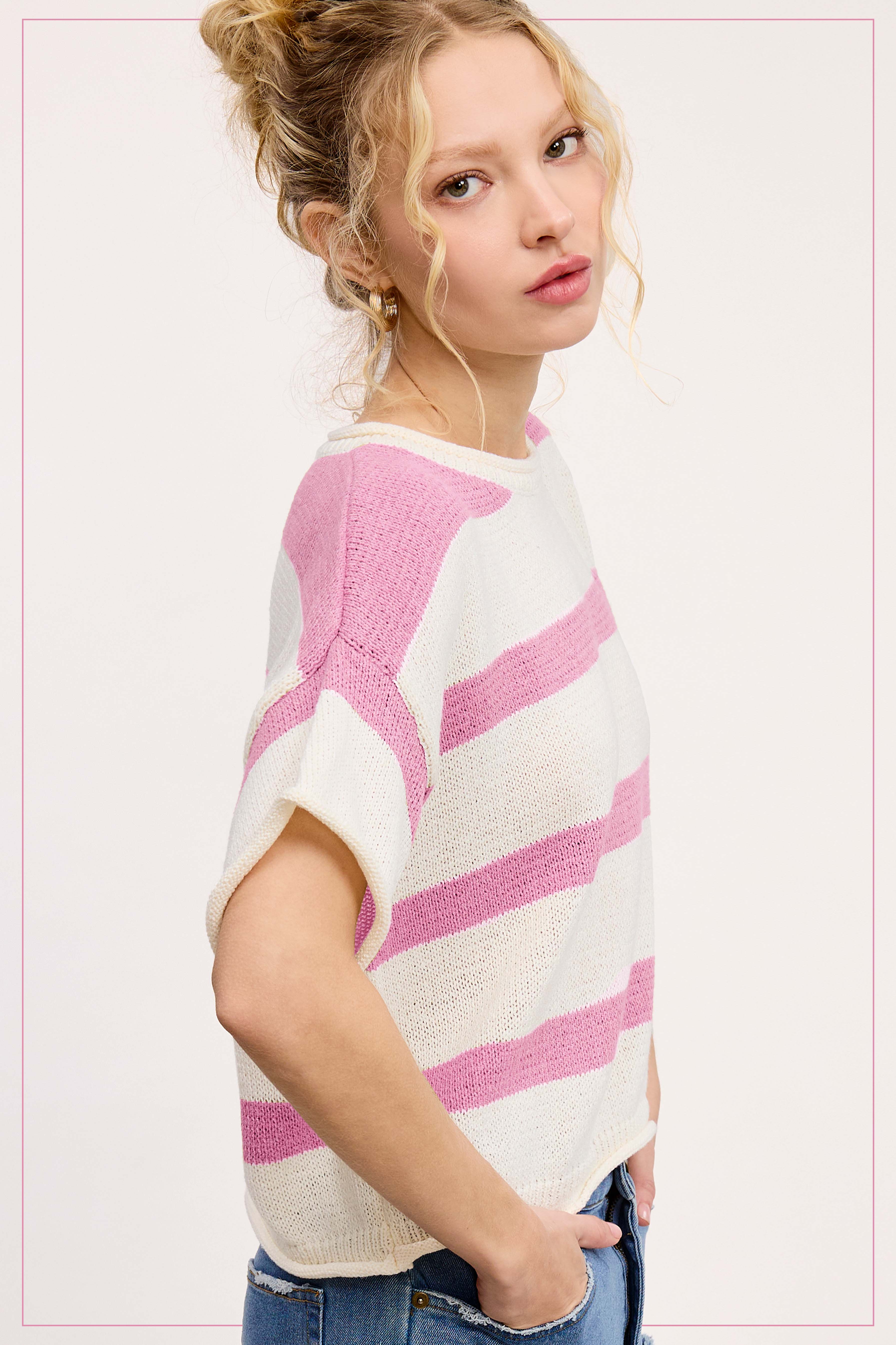 La Miel - Vendita all'ingrosso Maglione tricot - Donna - MCS3579-Boxy Silhouette Maglione Leggero A Righe11