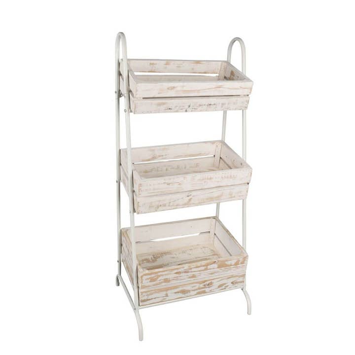 White metal stand with 3 whitewash wood crates for wholesale by Bacon Basketware