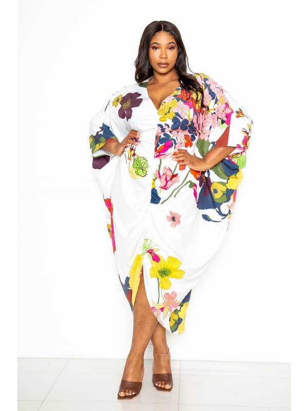 MULTI PRINTED RUCHED KAFTAN DRESS WITH INSIDE WAIST TIE for wholesale on Faire