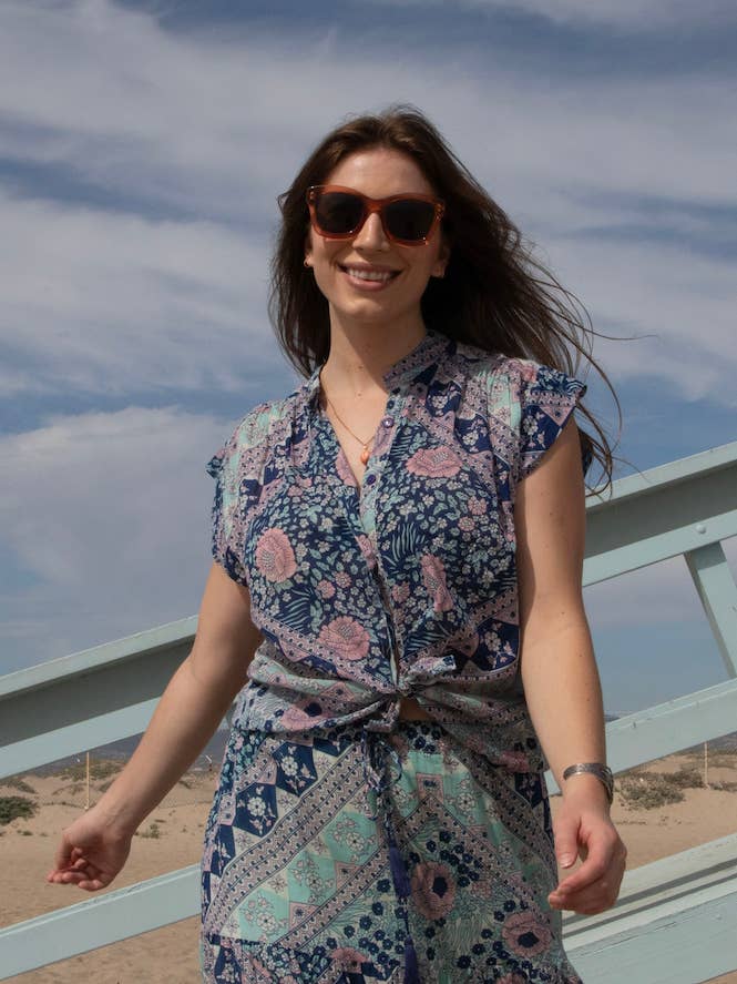 Ginger Printed Blouse Short Sleeves Patchwork Blue for wholesale by Blue Boheme