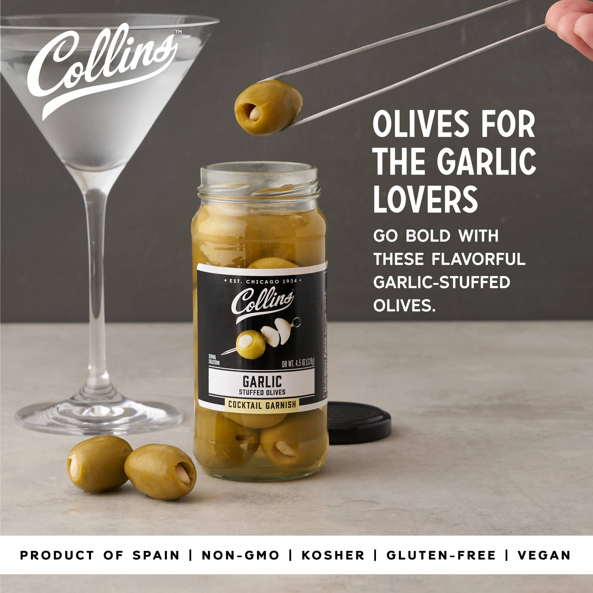 Collins - Wholesale Olives - Gourmet Garlic Stuffed Cocktail Olives 4.5 oz1