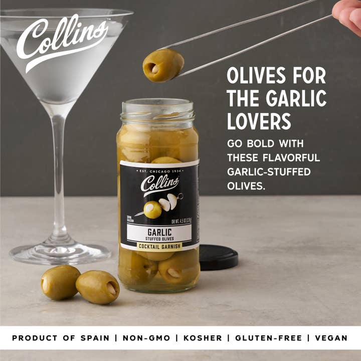 Collins - Wholesale Olives - Gourmet Garlic Stuffed Cocktail Olives 4.5 oz1