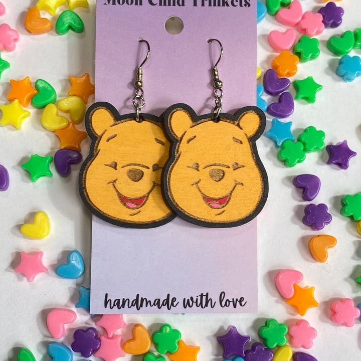 Cartoon Yellow Bear Hand Painted Wood Earrings for wholesale by Moon Child Trinkets
