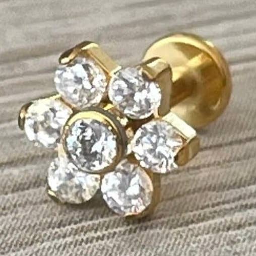 Flat Back CZ Flower Stud Earring/Cartilage Piercing (16G | 6mm or 8mm | Surgical Steel | Gold or Rose Gold) for wholesale by Elara Body Jewelry