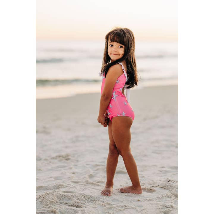 Sugar Bee Clothing - Wholesale One Piece Swimsuit - Kids - Girls Swimsuit - Bow Back - Pink Starfish