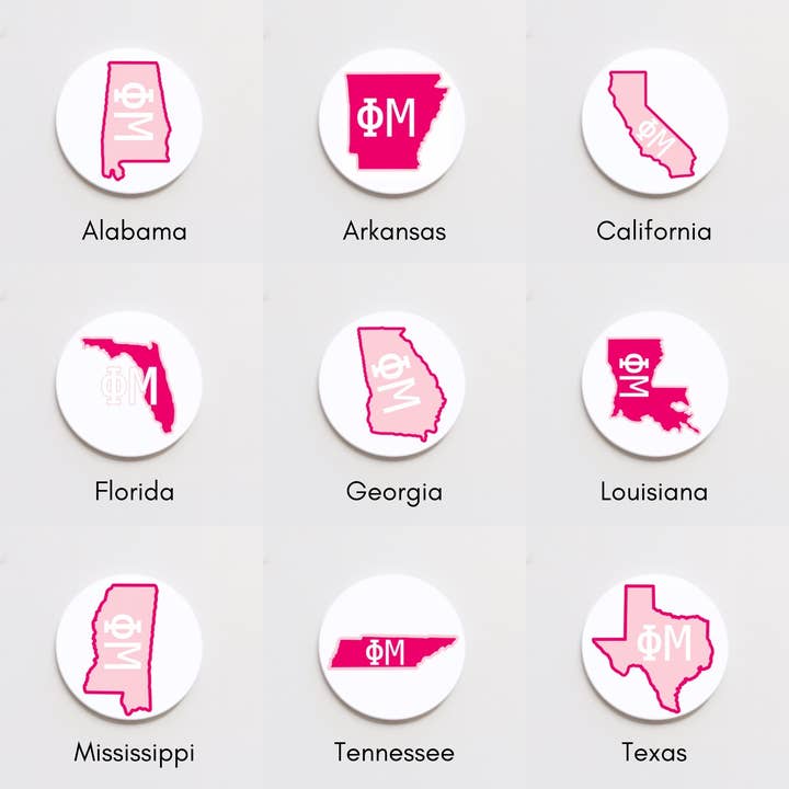 Phi Mu State Button for wholesale by Good Vibez Collegiate