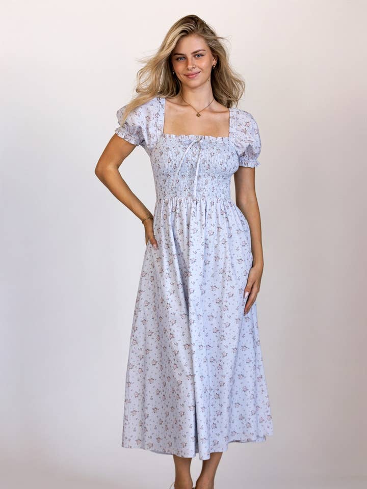 JD7746-2 - FLORAL SMOCKED PUFF SLEEVE MIDI DRESS for wholesale by STORIA