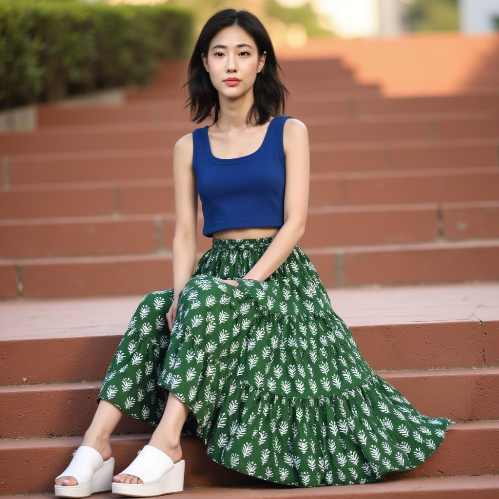 The Indian Bazaar – Engroshandel Nederdel - Dame – Lagdelt Nederdel - Boho Sigøjner Nederdel - Grøn Fred Bloktryk2