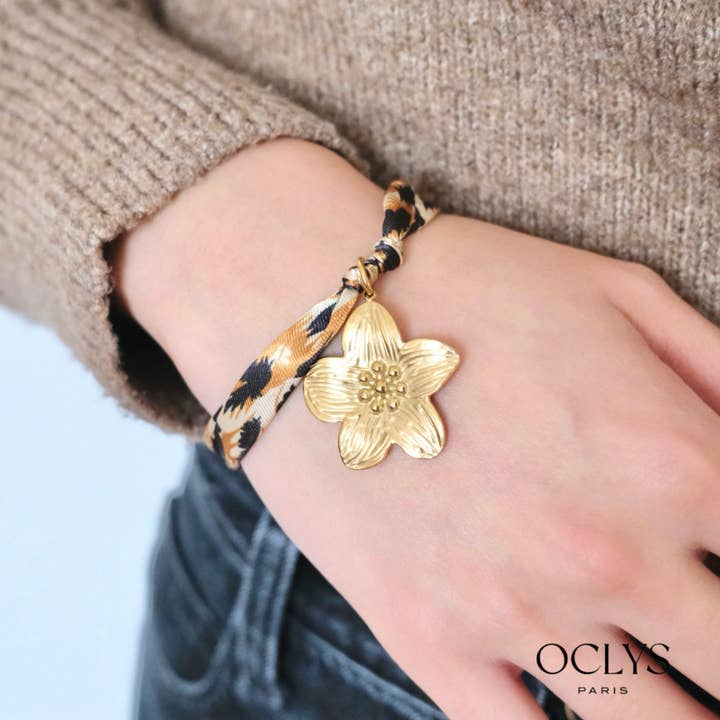Oclys - Wholesale Woven/Braided Bracelet - Leopard flower fabric ribbon bracelet stainless steel Marly
