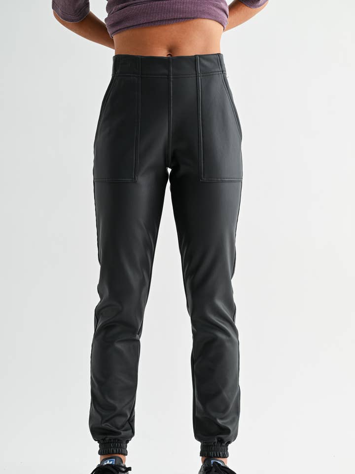 Black Vegan Leather Joggers for wholesale on Faire0