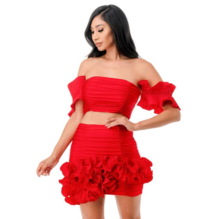 omgstyles - Wholesale Top & Skirt Set - Women's - Plus Ruched Tube Crop Top with Detached Ruffle Short Sleeve