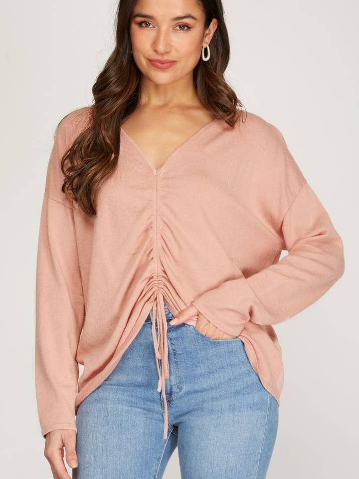 ROSA RYNKAD FRAM MED DRAGSNÖRE STICKAD TRÖJA för wholesale av Stylish Wholesale