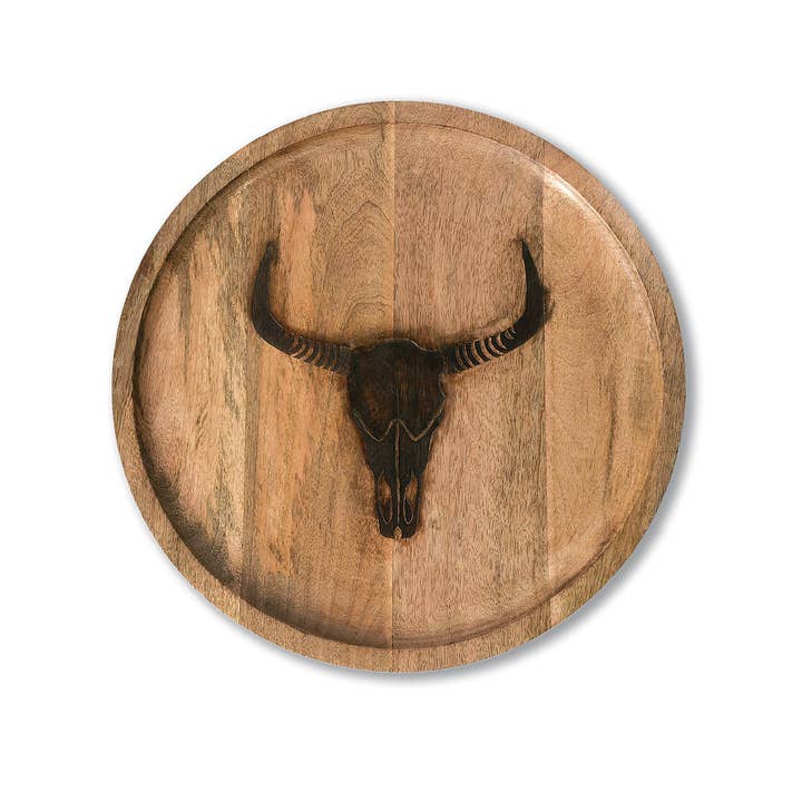 Wilco Home - Wholesale Serving Tray - "Branding Iron" Cow Skull Mango Wood Charcuterie Tray
