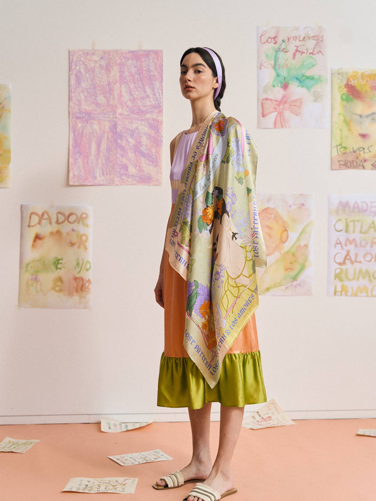 FRIDA x LOST PATTERN "Los Amores de Frida" Large Silk Scarf - Pastel for wholesale on Faire1