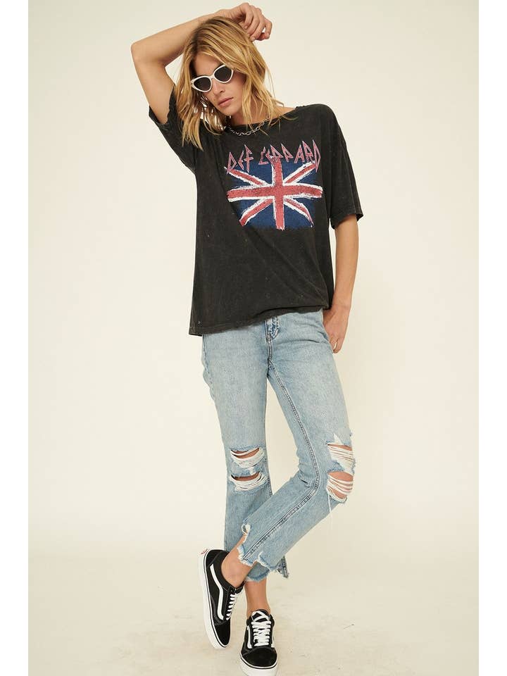 Charcoal Def Leppard Union Jack Distressed Graphic Tee for wholesale on Faire