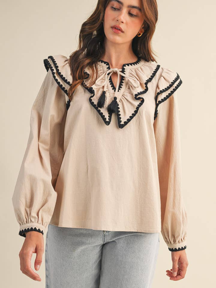 &MERCI - Wholesale Knit Top - Women's - RUFFLED BALLOON SLEEVE TOP WITH CONTRAST STITCH MTP402310