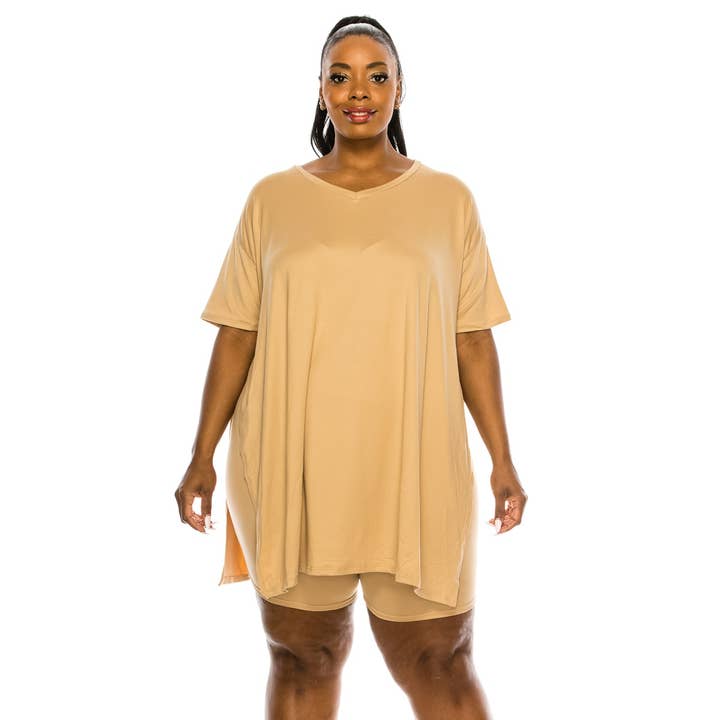 To Star - Wholesale Lounge Set - Women's - PLUS Oversized Side Split V-Neck Short Set