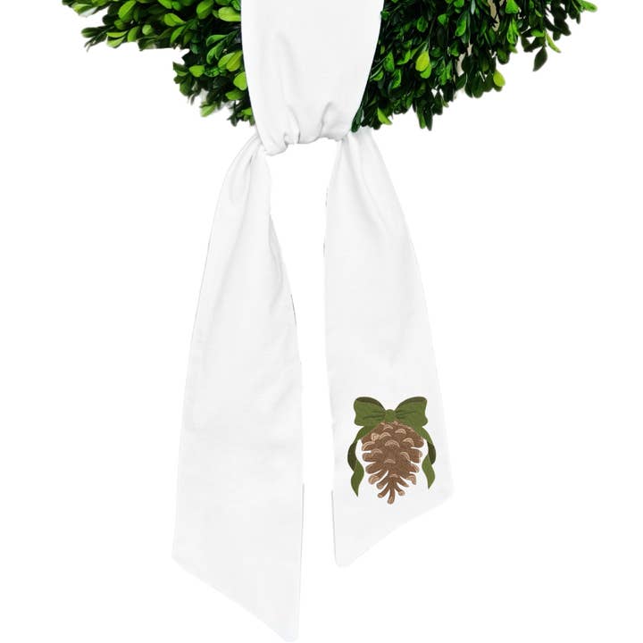 Pine Cone Wreath Sash for wholesale by Blythe Embroidery Co.
