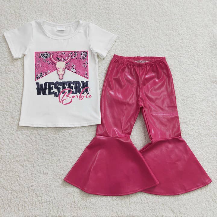 Baby Girls Western Tee Shirts Top Pleather Dark Pink Bell Bo for wholesale by Aier Wholesale