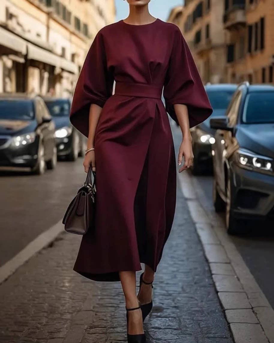 Rosa Clothing - Wholesale Dress - Women's - Fashionable Solid Color Cinched Waist Dolman Sleeve Dress8