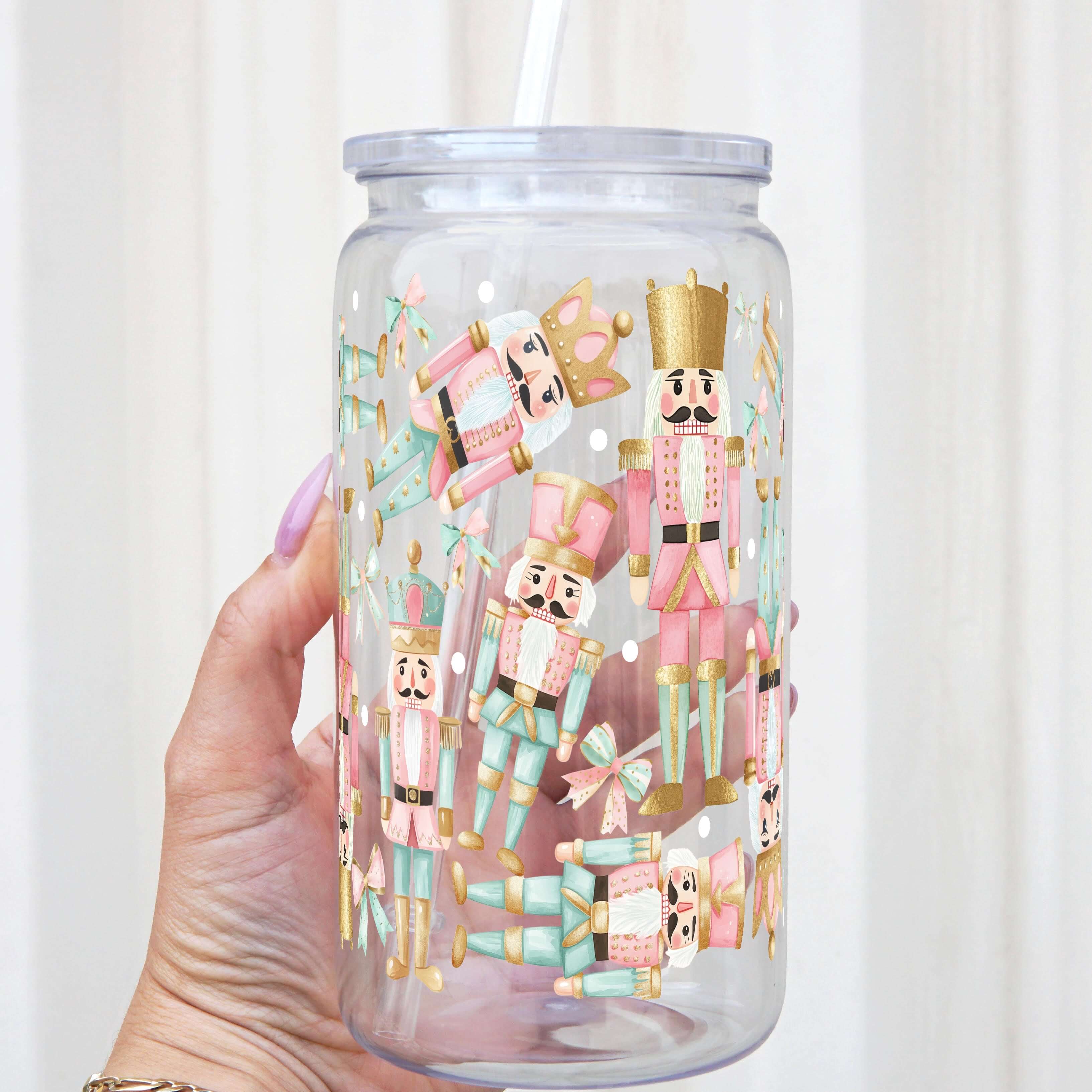 Sip-Sip Hooray! - Wholesale Drinking Glass/Cup - Pink Christmas Nutcracker Cup With Lid and Straw3