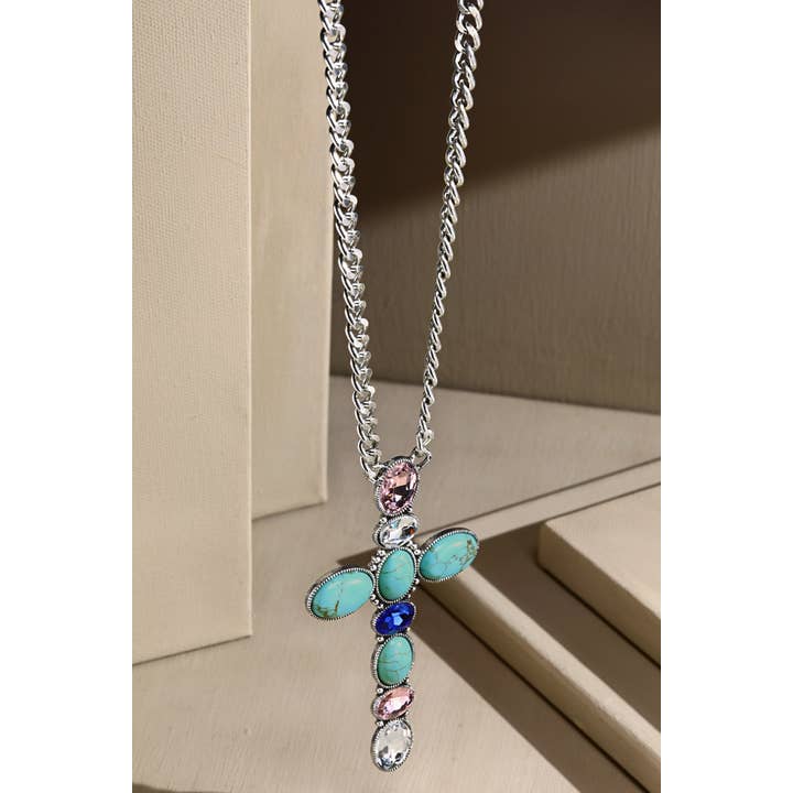 Multi Mul s Chain Link Necklace with Crystal & Stone Cross for wholesale on Faire