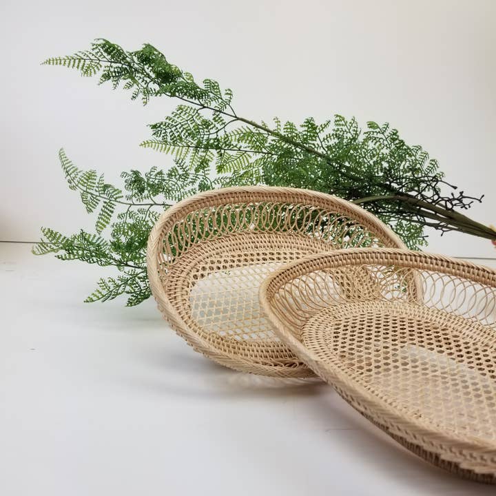 Oval Mesh Caning Spiral Rattan Basket Dish for wholesale by Baskets of Cambodia