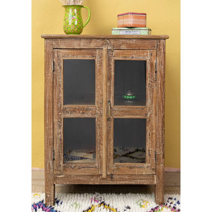 Namaste – wholesale Cabinet – Distressed Wood & Glazed Door Cabinet With Central Shelf