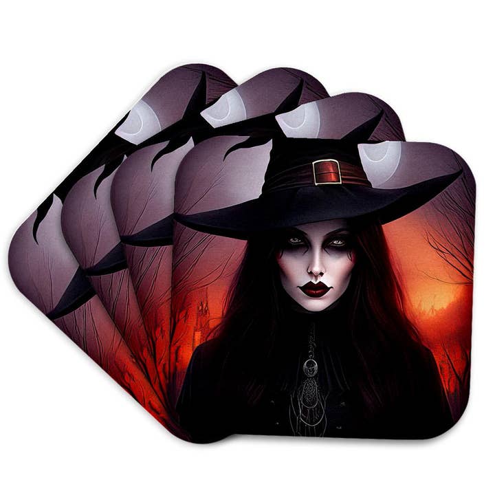 3dRose - Wholesale Coasters - 3dRose, Dark Fantasy Witch Lady, Red Light, Moon, Forest. Halloween Theme, Coaster7