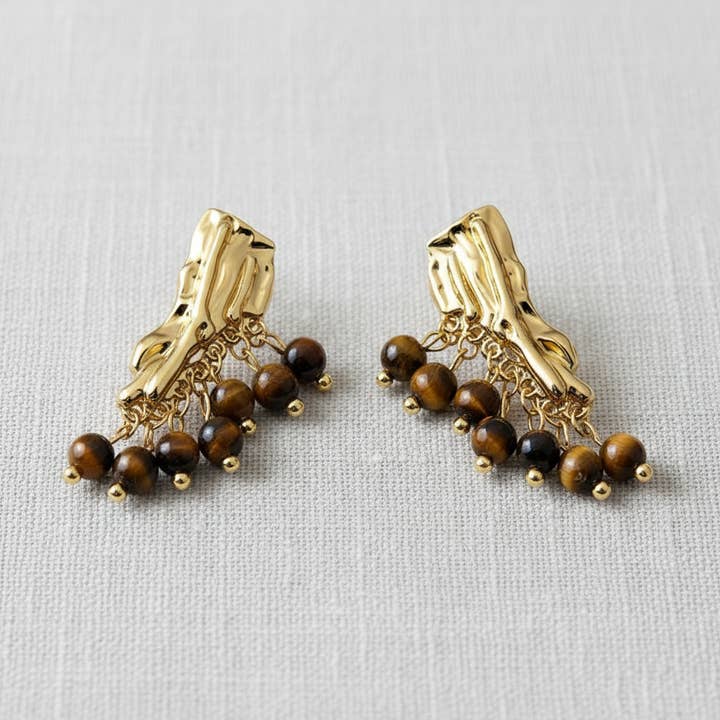 Sculptural Beaded Tiger's Eye Tassel Earrings for wholesale by Ellemadera