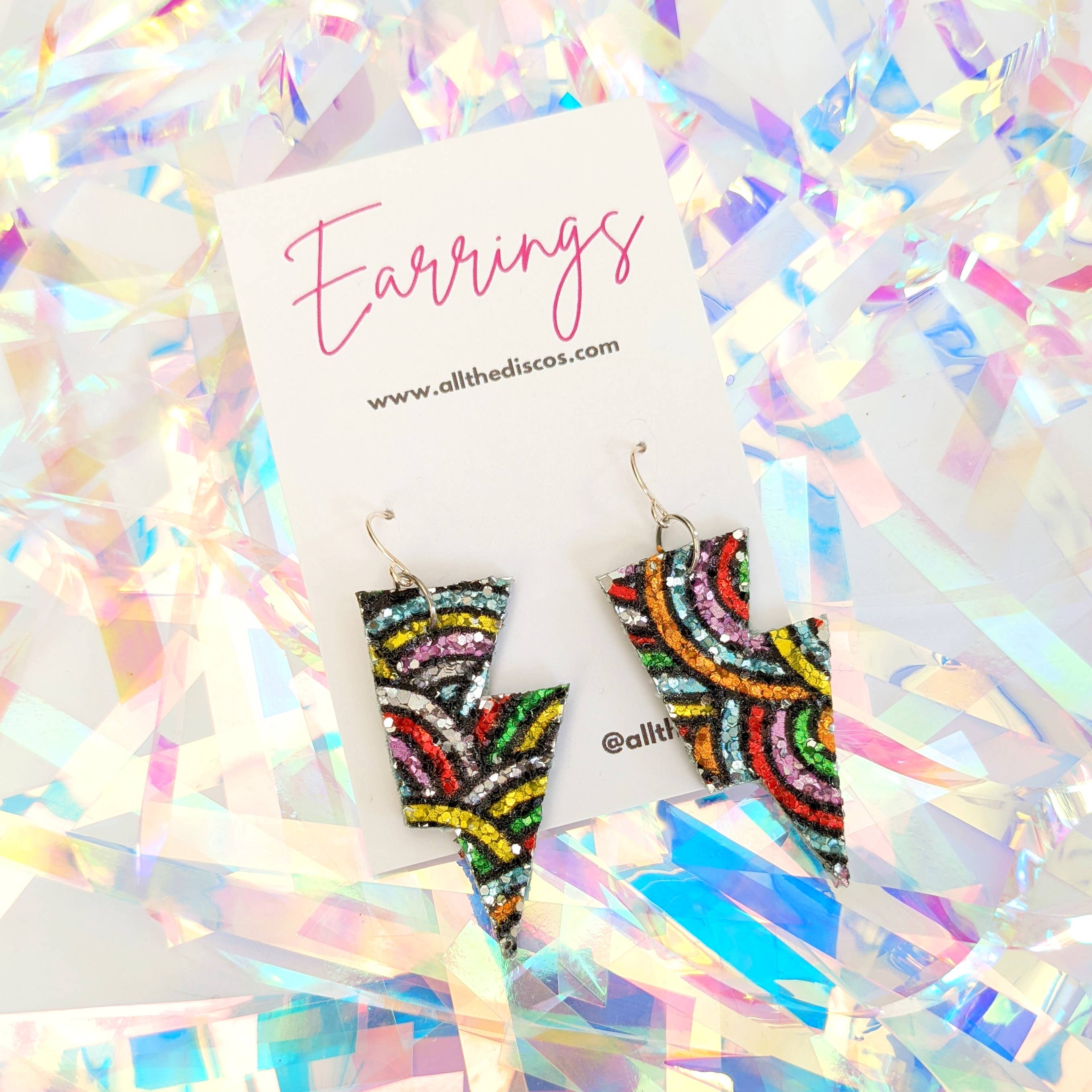 All The Discos - Wholesale Dangle Earrings - Small Rainbow Pattern Glitter Lightning Bolt Earrings