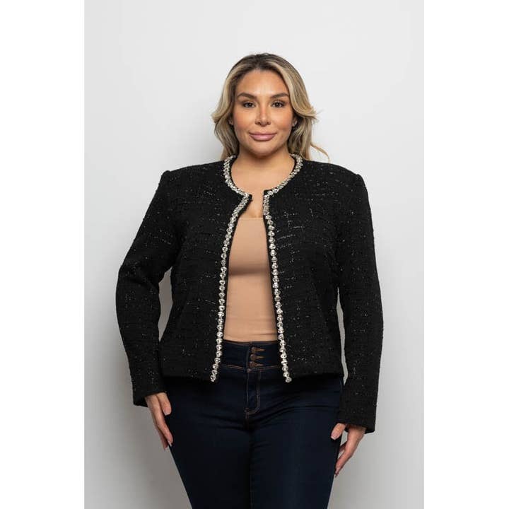 Curve Market - Wholesale Jacket – Women's - PLUS SIZE RHINESTONE TRIM OPEN FRONT TWEED JACKET