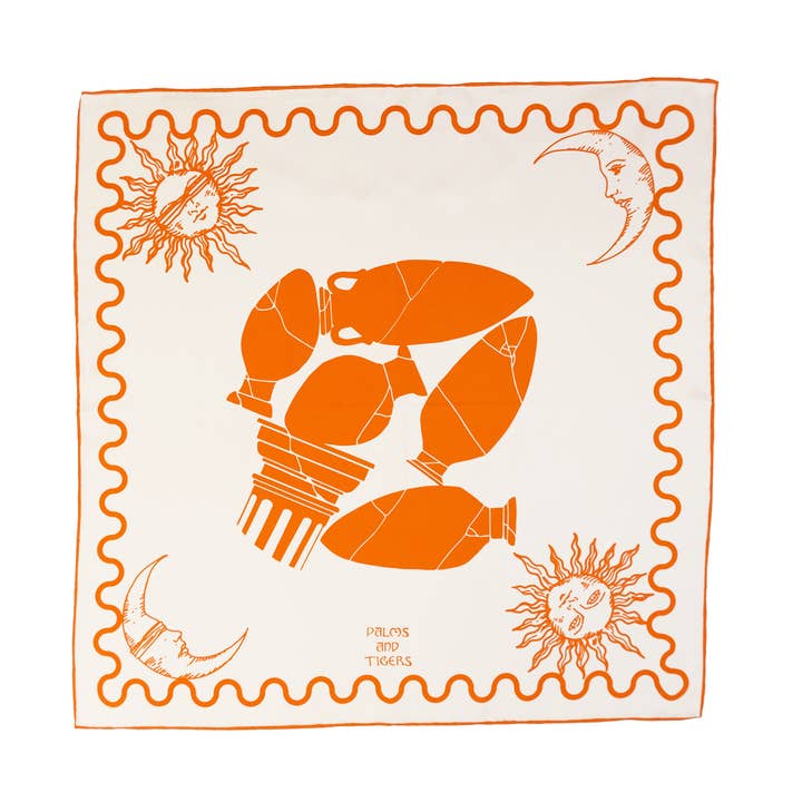 COSMOS Silk Foulard | Sun and Vases | Terracotta on Champagne for wholesale by Palms and Tigers