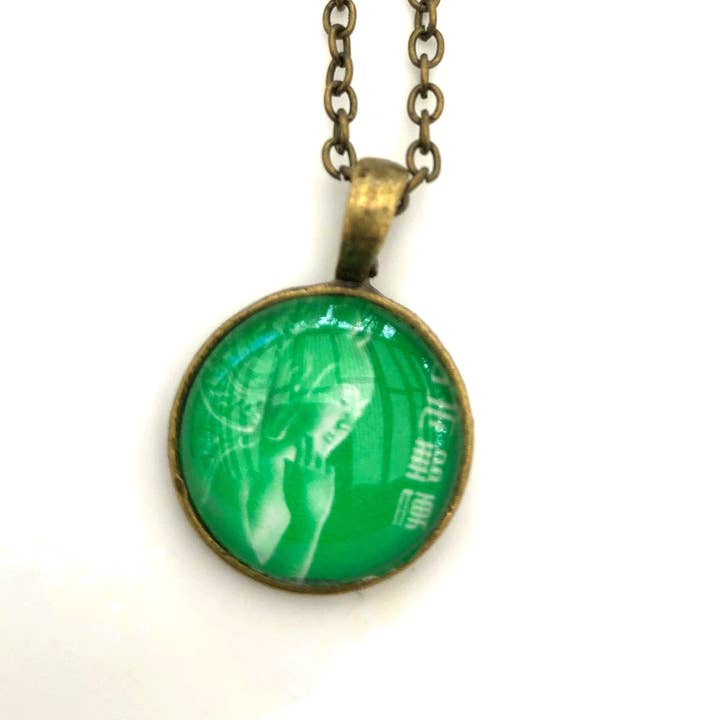 1967 Green Nyoirin Kannon Chūgū-ji Temple, Nara Japan Stamp - Postage Stamp Jewelry - Vintage Postage Stamp Necklace - Antique Bronze for wholesale by Postage Stamp Jewelry