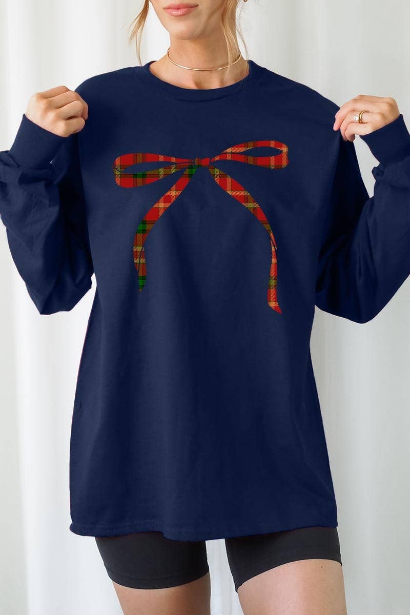 COLORBEAR - Vendita all'ingrosso Maglietta stampata - Donna - Maglietta grafica natalizia a maniche lunghe con fiocco rosso10