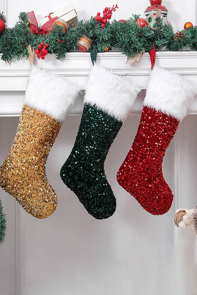 UNISHE - Wholesale Holiday Stocking - Plain Sequin Fur Christmas Socks MOQ 3pcs ZK1554