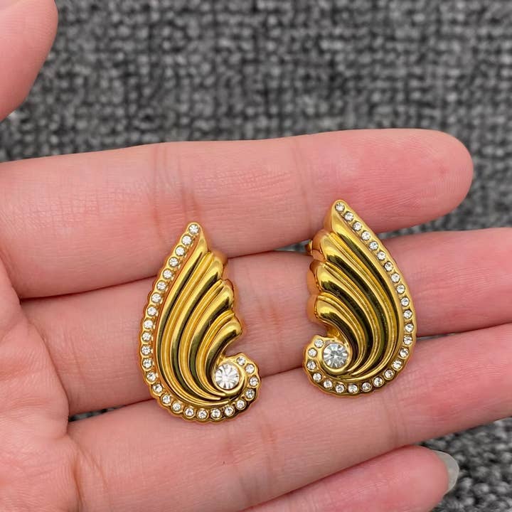 Inlaid CZ 18K Gold Plated S.Steel Wings Stud Earring - FGS for wholesale by Mio Queena