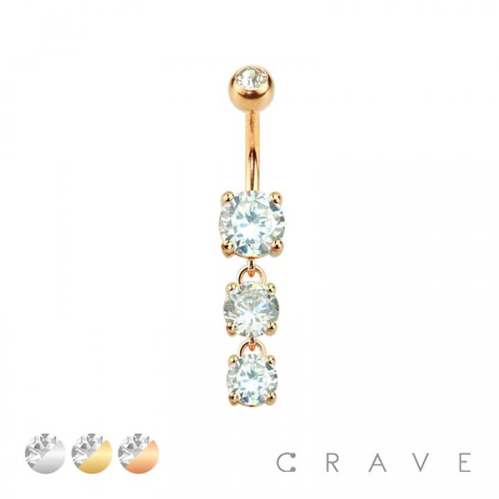 PRONG SET TRIPLE GEM CASCADE DANGLE CZ 316L SS NAVEL RING for wholesale by CRAVE