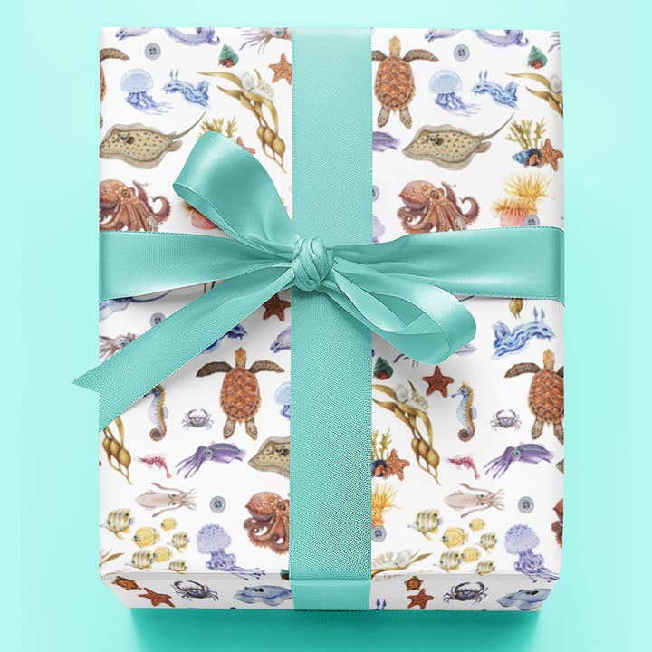 I LOVE NUDIS - Wholesale Wrapping Paper Roll - I LOVE NUDIS™ Watercolor Ocean Creatures Recycled Gift Wrapping Paper1