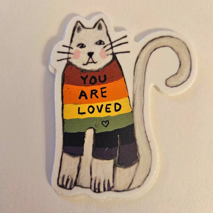 Cat Rainbow Love Vinyl Sticker for wholesale by Blueberry Road Cards