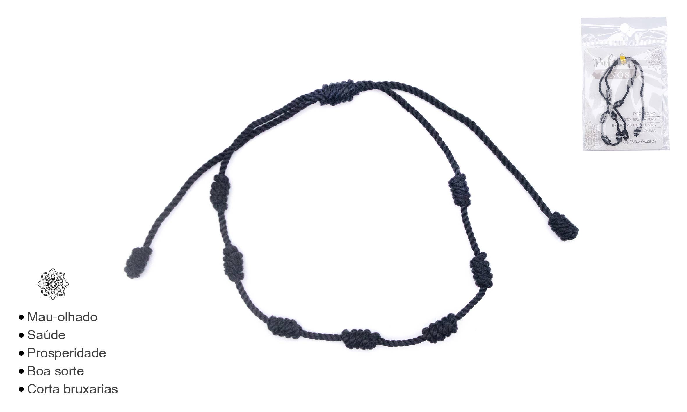 Esoterica Arte – Colar de tecido por atacado – Pulseira 7 nós Preta (12unid)0