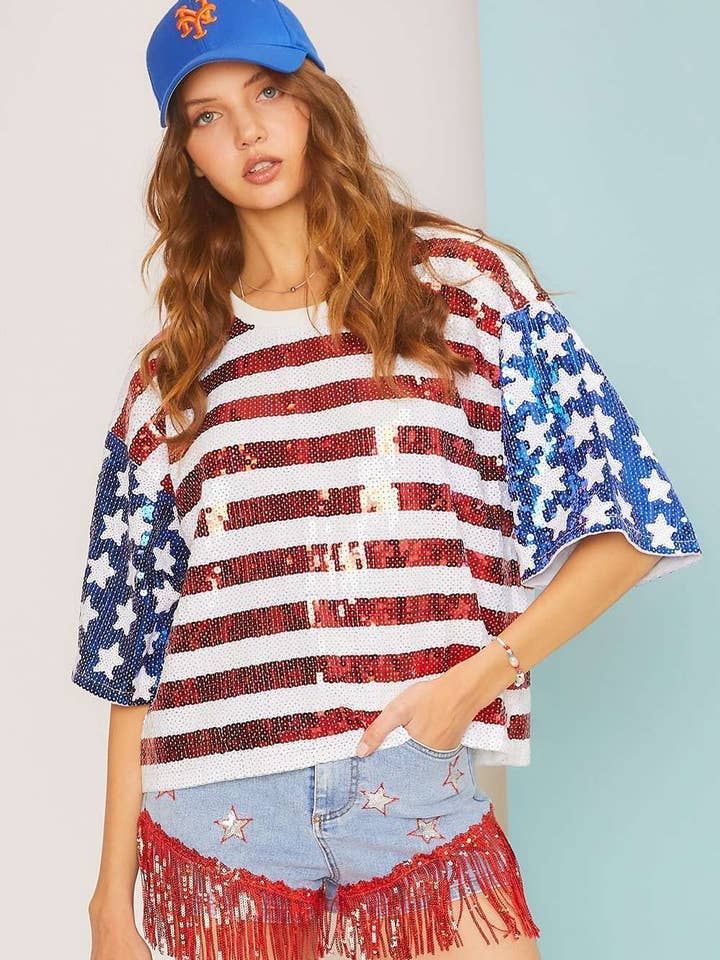 T-shirt squadrata con stelle e strisce americane in paillettes ovunque per la vendita all'ingrosso da parte di Main Strip