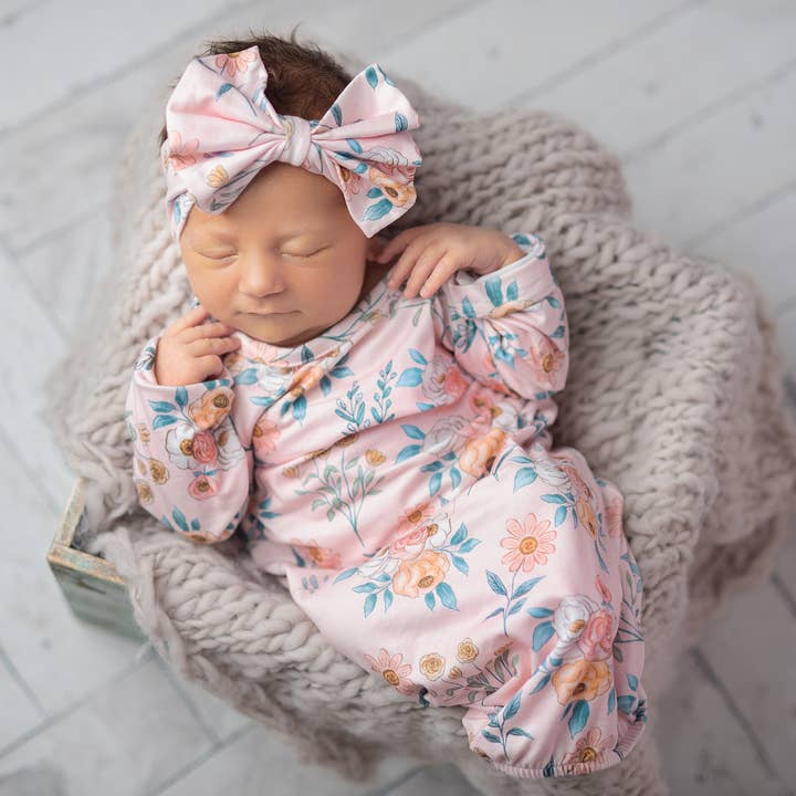 Adorable Sweetness - Wholesale Babygown Set - Baby - Infant Girls Pink Botanical Baby Gown and Bow Headband