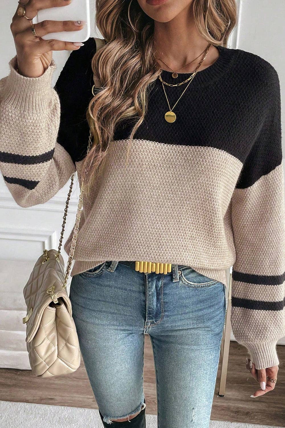Lovesoft – wholesale Knitted jumper – Women′s – Dark Brown Color Block Knit Striped Sleeve Detail Casual Sweater5