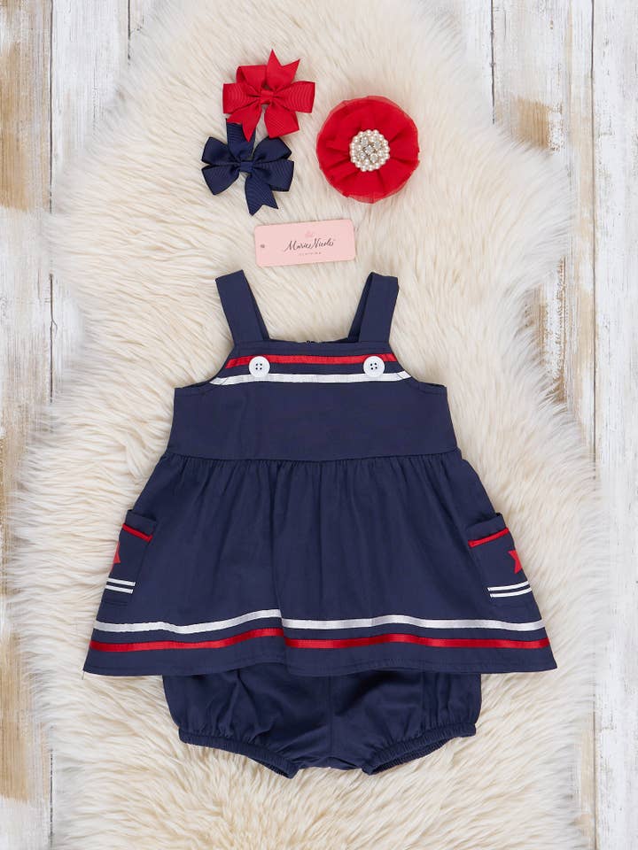 Marie Nicole Clothing - Wholesale Clothing Set - Baby - Navy Star Spangled Pocket Bloomers Outfit