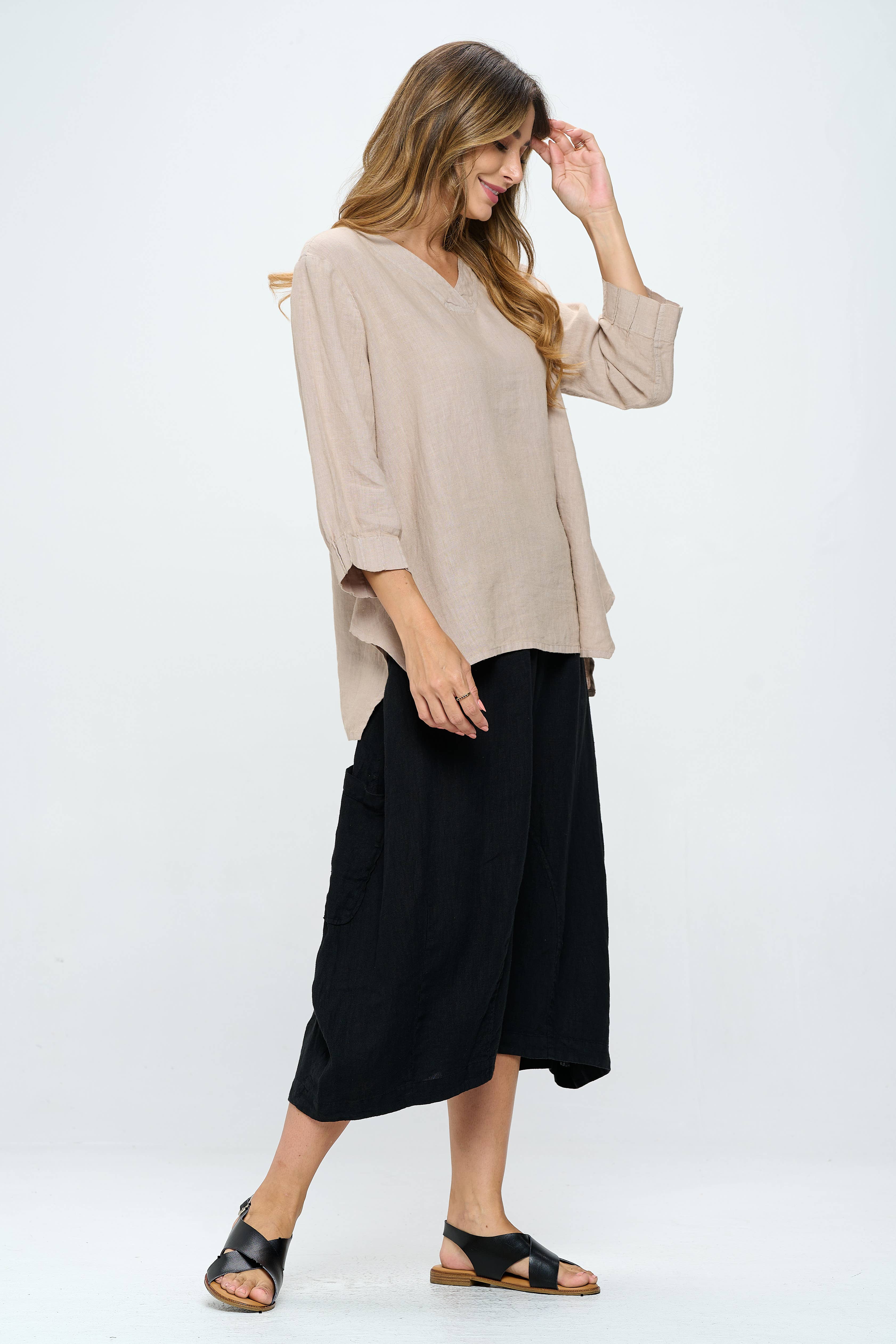 Focus Fashion - Vente Tunique – femme - Tunique en lin à manches 3/4 avec col en V - L6566