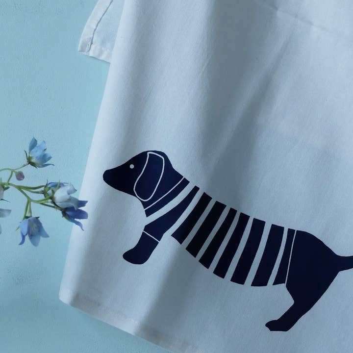 Hand-printed tea towel with dachshund motif for wholesale by Wonder Of Today