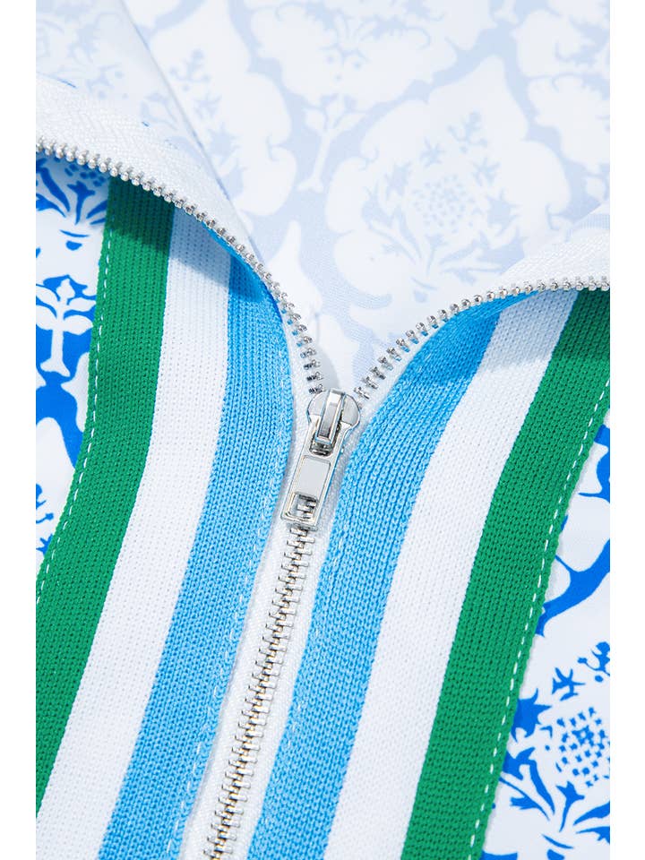 As shown Geomatric Floral Striped Tape Zip Collar Blouse | S-XL for wholesale on Faire