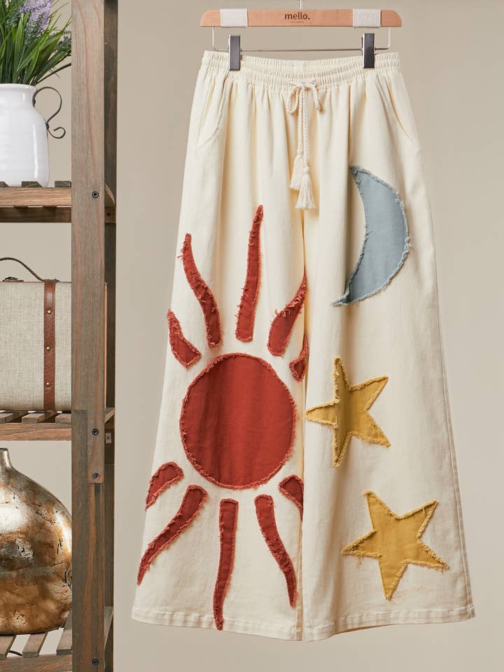 Sun Moon Star Patch Wide Pants for wholesale by Mello.